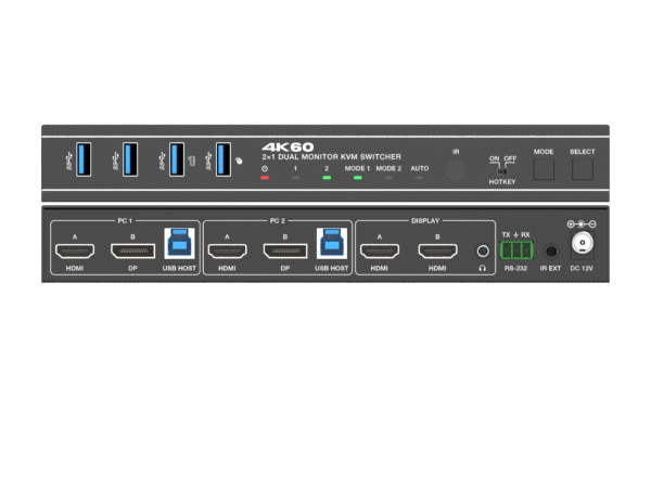 KVM سوئيچ 2 پورت با ورودی HDMI2.0/DP/USB3.0 با دو خروجي HDMI فرانت